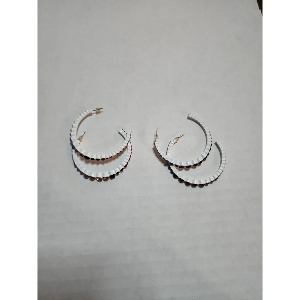 Retro White Enamel Hoop Earrings with Vibrant Blue & Purple Crystals – Set of 2
